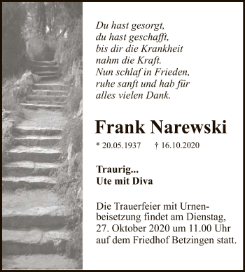 Anzeige von Frank Narewski von Reutlinger General-Anzeiger