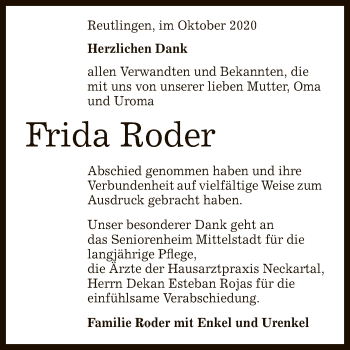 Anzeige von Frida Roder von Reutlinger General-Anzeiger