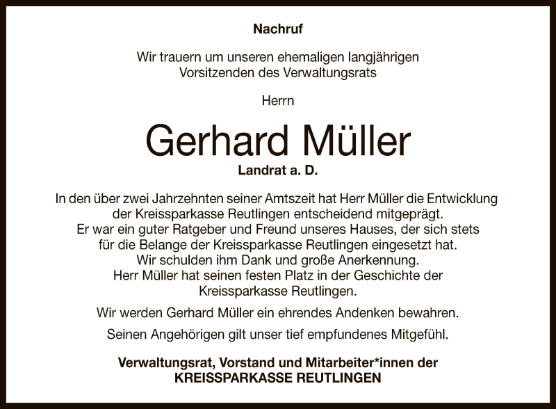 Traueranzeigen Von Gerhard Muller Trauer Gea De