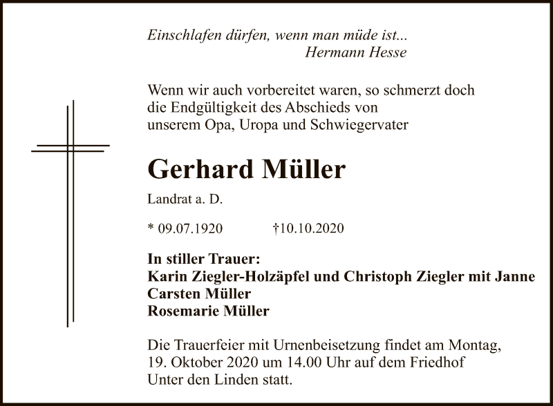  Traueranzeige für Gerhard Müller vom 13.10.2020 aus Reutlinger General-Anzeiger