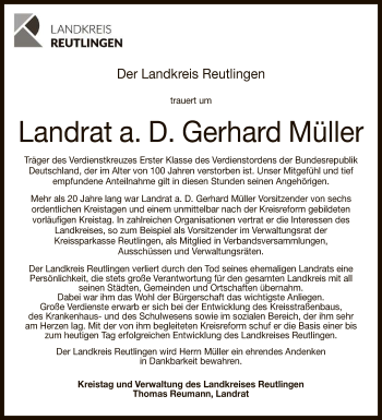 Anzeige von Gerhard Müller von Reutlinger General-Anzeiger