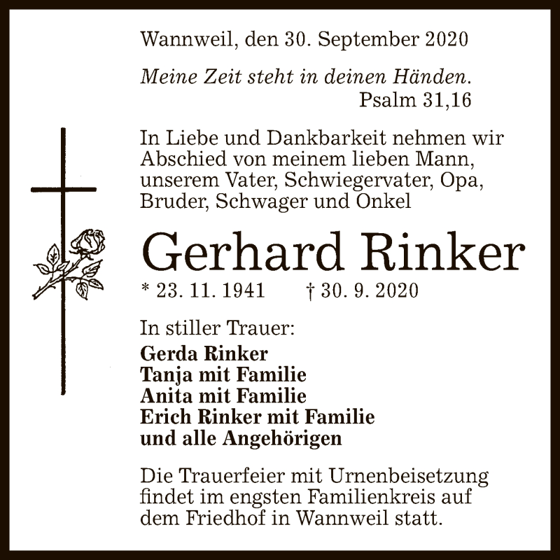  Traueranzeige für Gerhard Rinker vom 10.10.2020 aus Reutlinger General-Anzeiger