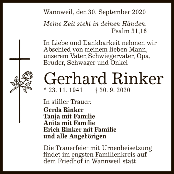 Anzeige von Gerhard Rinker von Reutlinger General-Anzeiger