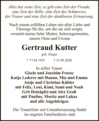 Anzeige von Gertraud Kutter von Reutlinger General-Anzeiger