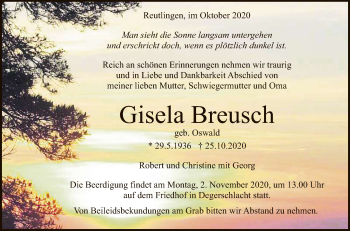 Anzeige von Gisela Breusch von Reutlinger General-Anzeiger