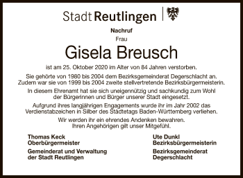 Anzeige von Gisela Breusch von Reutlinger General-Anzeiger