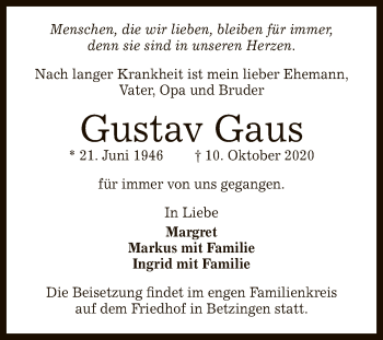 Anzeige von Gustav Gaus von Reutlinger General-Anzeiger