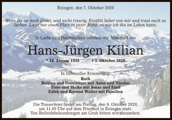 Anzeige von Hans-Jürgen Kilian von Reutlinger General-Anzeiger