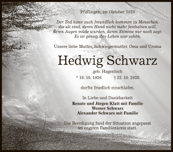 Anzeige von Hedwig Schwarz von Reutlinger General-Anzeiger