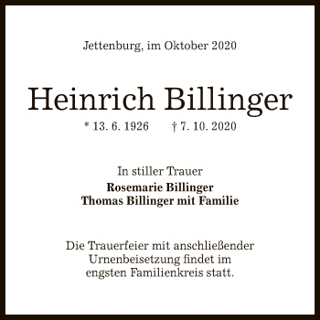 Anzeige von Heinrich Billinger von Reutlinger General-Anzeiger