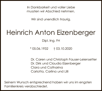 Anzeige von Heinrich Anton Eizenberger von Reutlinger General-Anzeiger