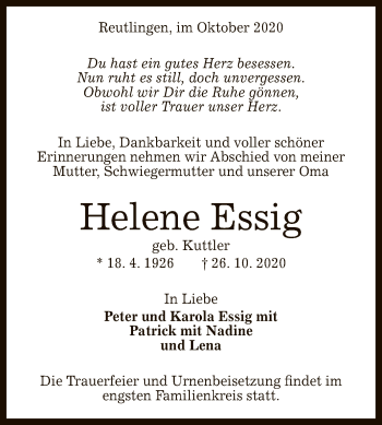Anzeige von Helene Essig von Reutlinger General-Anzeiger