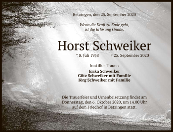 Anzeige von Horst Schweiker von Reutlinger General-Anzeiger