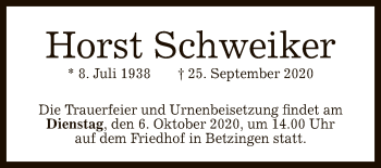Anzeige von Horst Schweiker von Reutlinger General-Anzeiger