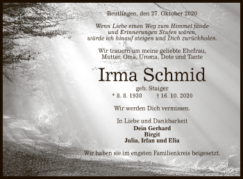 Anzeige von Irma Schmid von Reutlinger General-Anzeiger