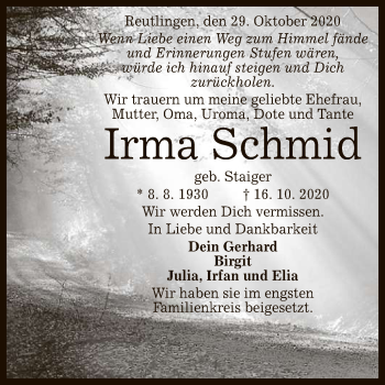 Anzeige von Irma Schmid von Reutlinger General-Anzeiger