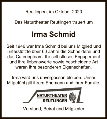 Anzeige von Irma Schmid von Reutlinger General-Anzeiger