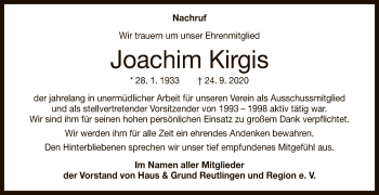 Anzeige von Joachim Kirgis von Reutlinger General-Anzeiger