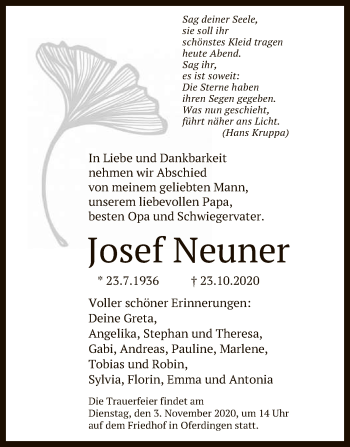 Anzeige von Josef Neuner von Reutlinger General-Anzeiger