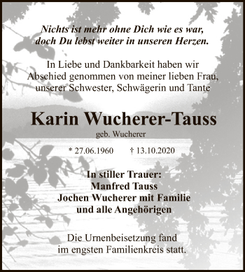 Anzeige von Karin Wucherer-Tauss von Reutlinger General-Anzeiger