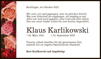 Anzeige von Klaus Karlikowski von Reutlinger General-Anzeiger