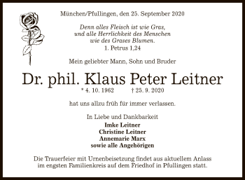 Anzeige von Klaus Peter Leitner von Reutlinger General-Anzeiger