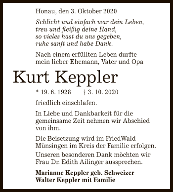 Anzeige von Kurt Keppler von Reutlinger General-Anzeiger