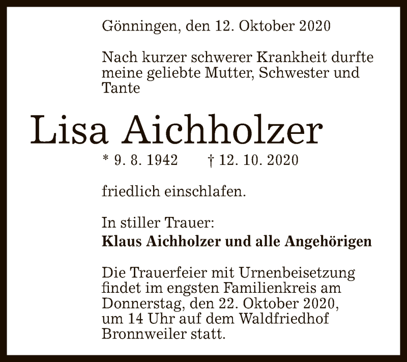  Traueranzeige für Lisa Aichholzer vom 17.10.2020 aus Reutlinger General-Anzeiger