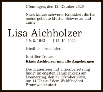 Anzeige von Lisa Aichholzer von Reutlinger General-Anzeiger