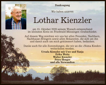 Anzeige von Lothar Kienzler von Reutlinger General-Anzeiger