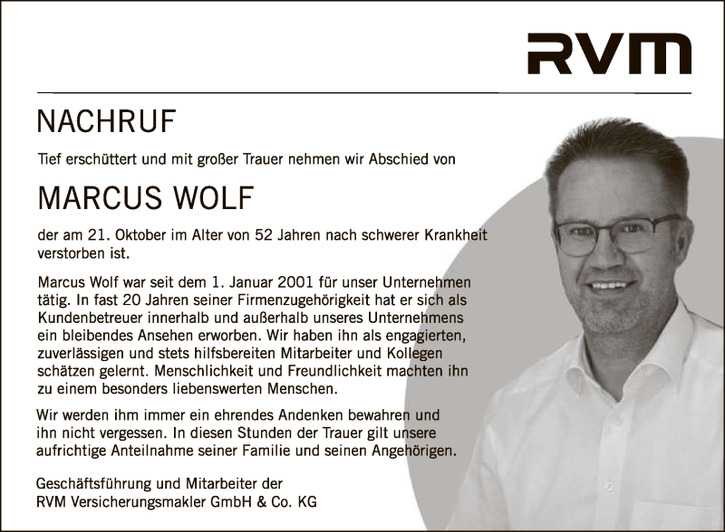  Traueranzeige für Marcus Wolf vom 31.10.2020 aus Reutlinger General-Anzeiger