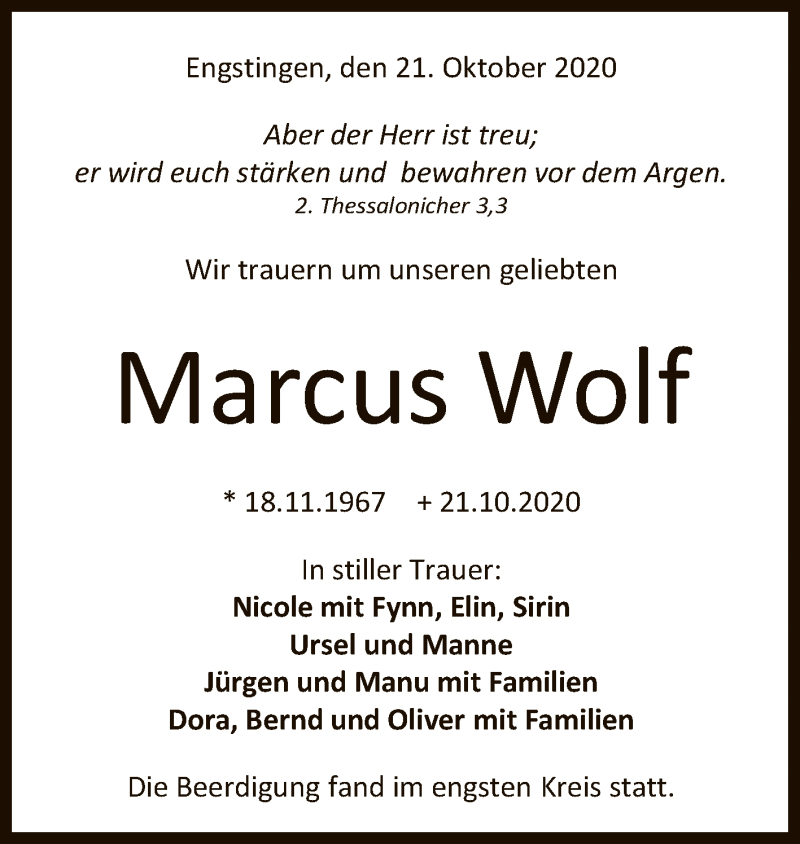  Traueranzeige für Marcus Wolf vom 28.10.2020 aus Reutlinger General-Anzeiger