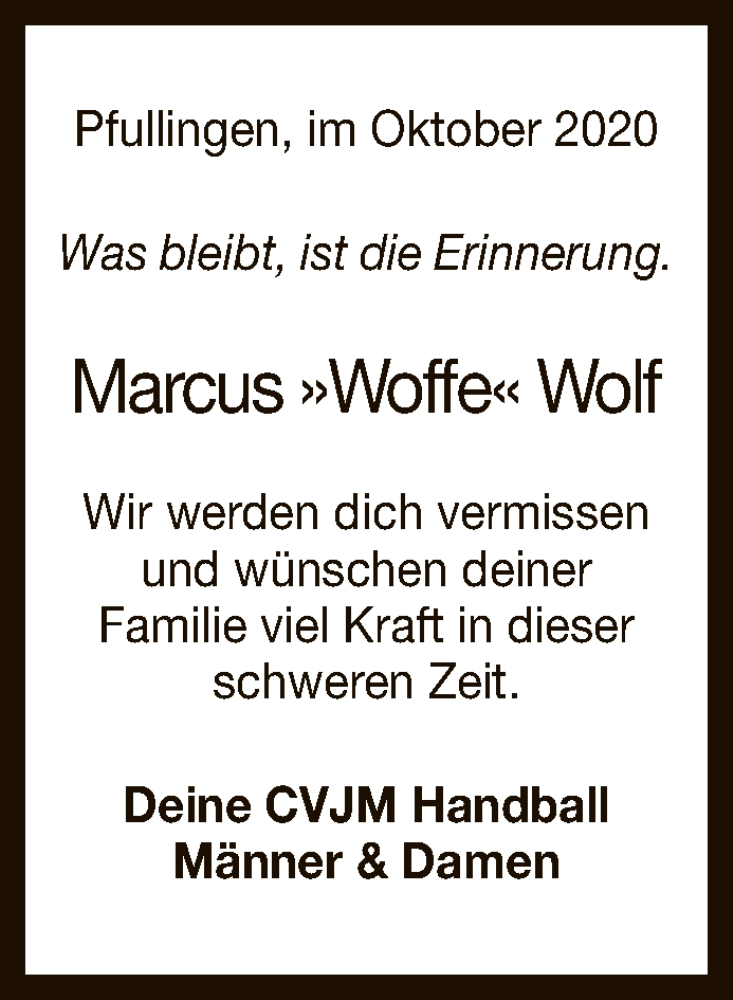  Traueranzeige für Marcus Wolf vom 28.10.2020 aus Reutlinger General-Anzeiger