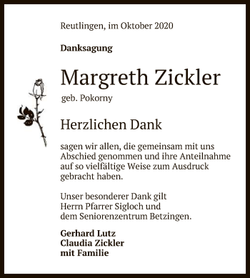 Anzeige von Margreth Zickler von Reutlinger General-Anzeiger