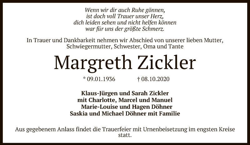  Traueranzeige für Margreth Zickler vom 10.10.2020 aus Reutlinger General-Anzeiger