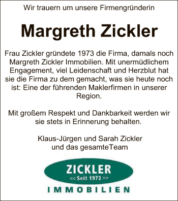 Anzeige von Margreth Zickler von Reutlinger General-Anzeiger