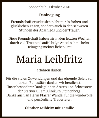 Anzeige von Maria Leibfritz von Reutlinger General-Anzeiger