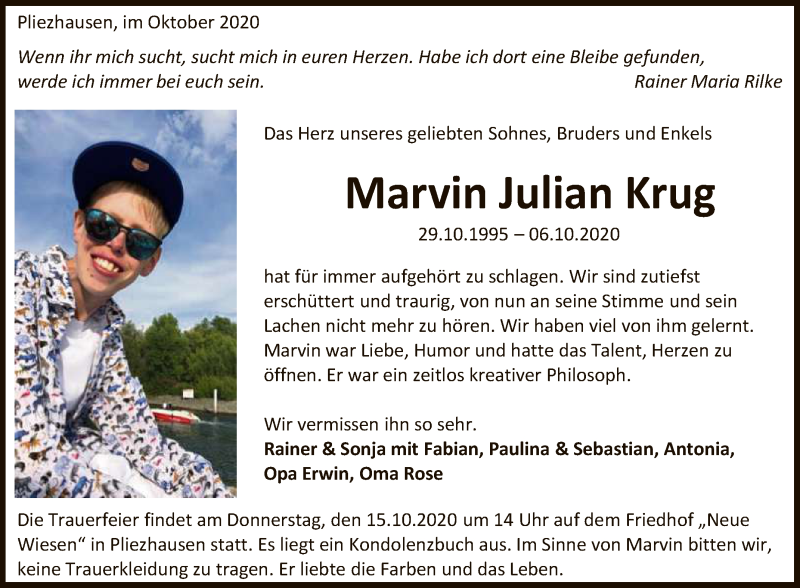  Traueranzeige für Marvin Julian Krug vom 09.10.2020 aus Reutlinger General-Anzeiger