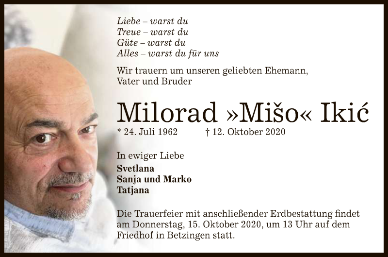  Traueranzeige für Milorad Ikic vom 14.10.2020 aus Reutlinger General-Anzeiger