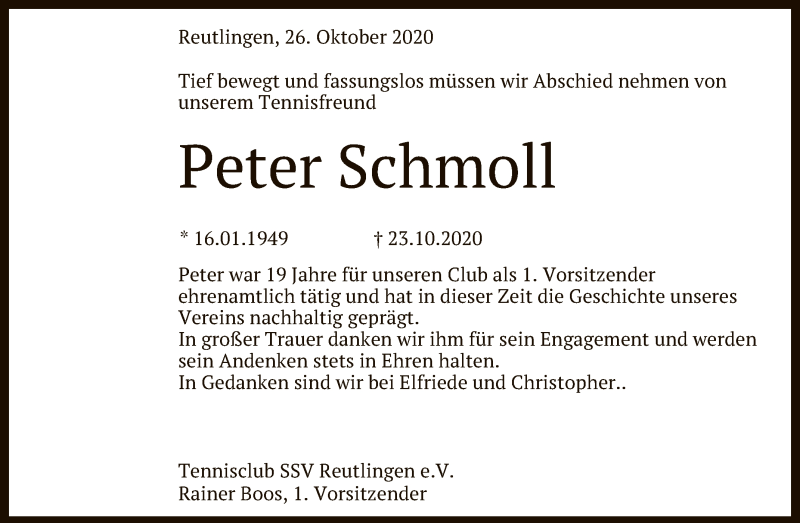  Traueranzeige für Peter Schmoll vom 27.10.2020 aus Reutlinger General-Anzeiger