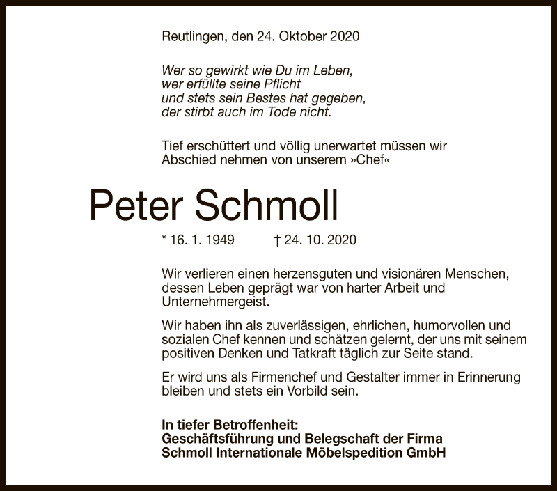  Traueranzeige für Peter Schmoll vom 31.10.2020 aus Reutlinger General-Anzeiger