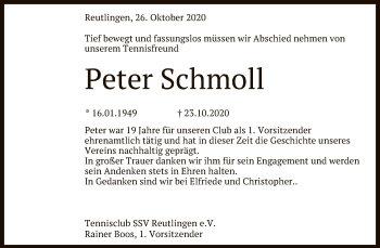 Anzeige von Peter Schmoll von Reutlinger General-Anzeiger