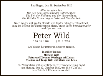 Anzeige von Peter Wild von Reutlinger General-Anzeiger