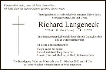 Anzeige von Richard Langeneck von Reutlinger General-Anzeiger