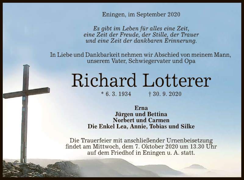  Traueranzeige für Richard Lotterer vom 02.10.2020 aus Reutlinger General-Anzeiger