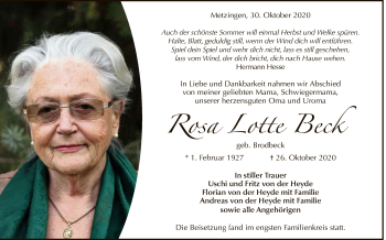 Anzeige von Rosa Lotte Beck von Reutlinger General-Anzeiger