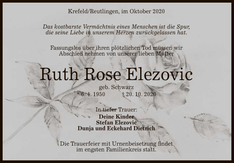  Traueranzeige für Ruth Rose Elezovic vom 31.10.2020 aus Reutlinger General-Anzeiger