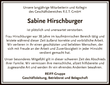 Anzeige von Sabine Hirschburger von Reutlinger General-Anzeiger