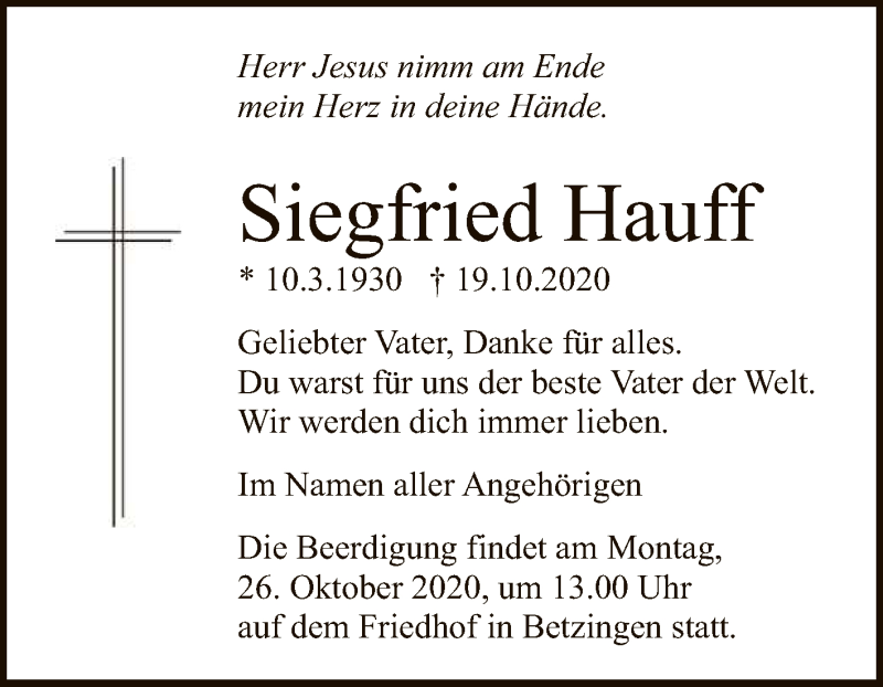  Traueranzeige für Siegfried Hauff vom 22.10.2020 aus Reutlinger General-Anzeiger