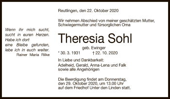 Anzeige von Theresia Sohl von Reutlinger General-Anzeiger